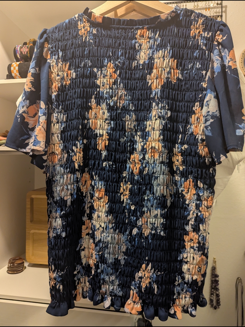 Maurices Navy Floral Smocked Short Sleeve Blouse - Picture 7 of 7